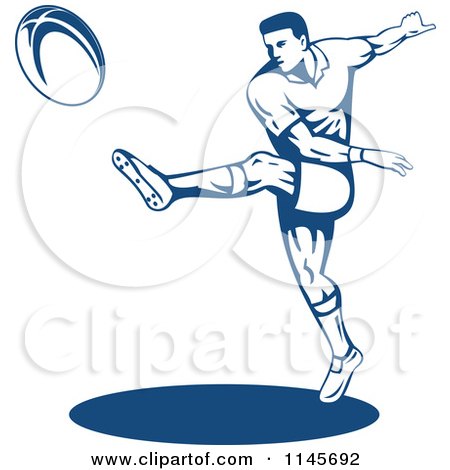 Clipart of a Retro Blue Rugby Player Kicking - Royalty Free Vector Illustration by patrimonio