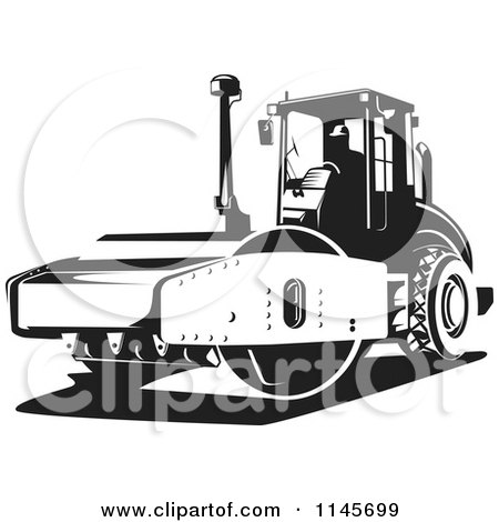 Clipart of a Retro Black and White Road Roller Tractor - Royalty Free Vector Illustration by patrimonio