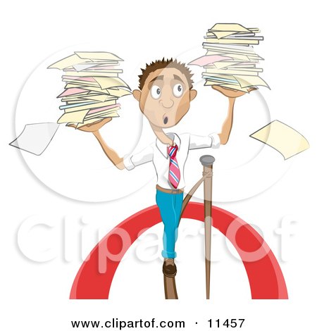 Stressed Businessman Carrying Stacks of Papers While Walking on a Tightrope Clipart Illustration by AtStockIllustration