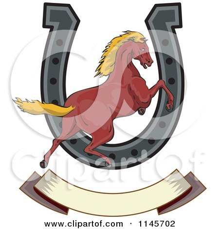 Clipart of a Horse Leaping over a Horseshoe and Banner - Royalty Free Vector Illustration by patrimonio