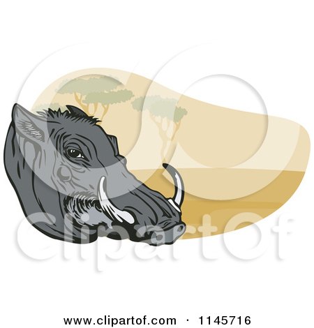 Clipart of a Warthog Head and Landscape - Royalty Free Vector Illustration by patrimonio