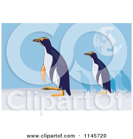 Clipart of Yellow Eyed Penguins Under the Moon - Royalty Free Vector Illustration by patrimonio