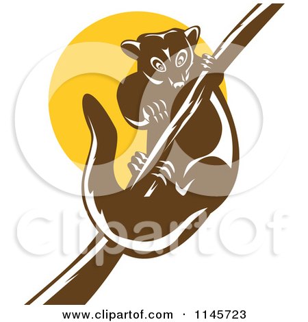 Clipart of a Retro Possum on a Branch Against a Yellow Circle - Royalty Free Vector Illustration by patrimonio