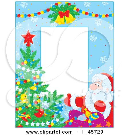 Clipart of a Border of Santa and a Christmas Tree over Blue Snowflakes - Royalty Free Vector Illustration by Alex Bannykh
