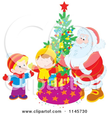 Clipart of Santa and Children Around a Christmas Tree - Royalty Free Vector Illustration by Alex Bannykh