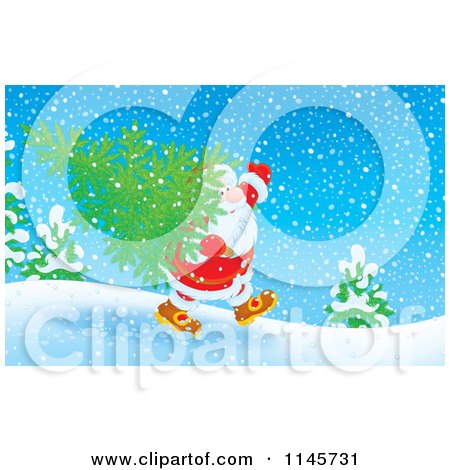 Clipart of Santa Carrying a Tree in the Snow - Royalty Free Illustration by Alex Bannykh