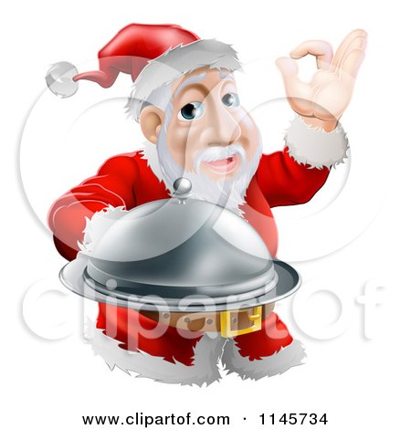 Clipart of a Chef Santa Holding a Cloche and Gesturing Ok - Royalty Free Vector Illustration by AtStockIllustration