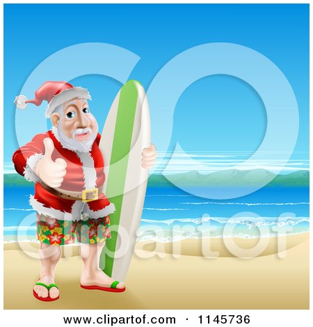 Clipart of a Thumb up Summer Santa with a Surf Board on a Beach - Royalty Free Vector Illustration by AtStockIllustration