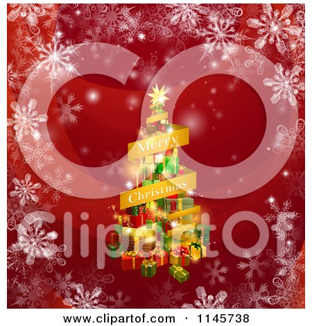 Clipart of a Merry Christmas Banner and Tree of Gifts on Red with Snowflakes - Royalty Free Vector Illustration by AtStockIllustration