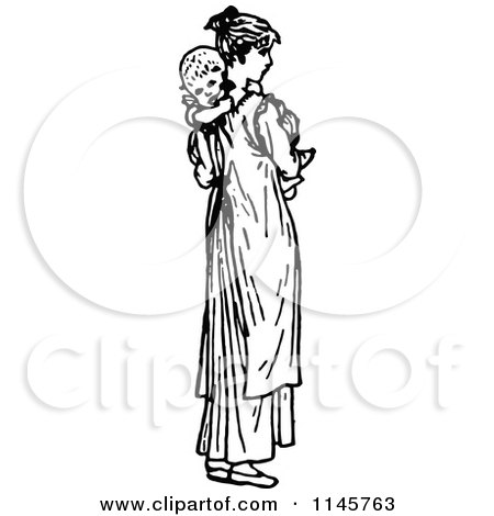 Clipart of a Retro Vintage Black and White Mother Carrying a Baby - Royalty Free Vector Illustration by Prawny Vintage