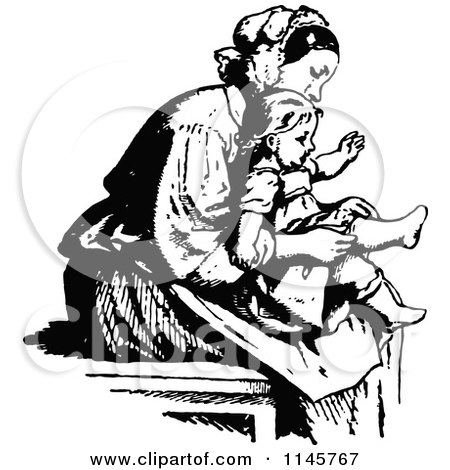 Clipart of a Retro Vintage Black and White Mother Putting Socks on Her Daughter - Royalty Free Vector Illustration by Prawny Vintage