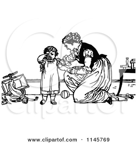 Clipart of a Retro Vintage Black and White Mother Comforting a Fussy Child - Royalty Free Vector Illustration by Prawny Vintage