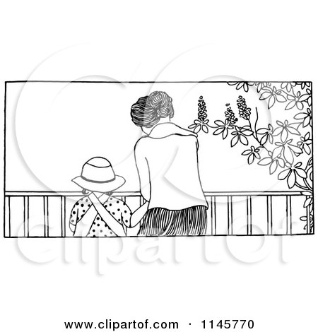 Clipart of a Retro Vintage Black and White Mom and Daughter at a Railing - Royalty Free Vector Illustration by Prawny Vintage