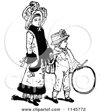 Clipart of a Retro Vintage Black and White Mother Holding Hands with Her Son - Royalty Free Vector Illustration by Prawny Vintage