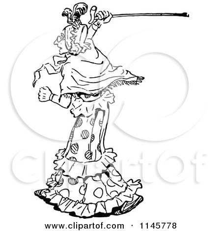 Clipart of a Retro Vintage Black and White Old Woman Waving Her Cane - Royalty Free Vector Illustration by Prawny Vintage