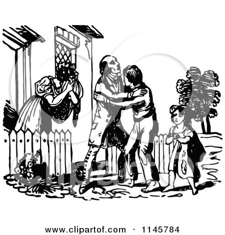 Clipart of a Retro Vintage Black and White Prodigal Son Returning Home - Royalty Free Vector Illustration by Prawny Vintage
