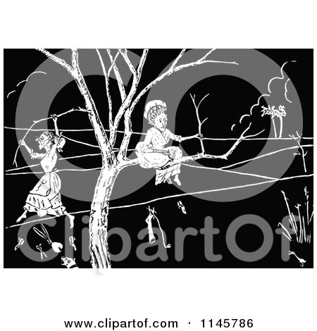 Clipart of Retro Vintage Black and White Old Ladies Stuck in a Tree - Royalty Free Vector Illustration by Prawny Vintage