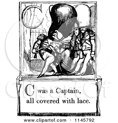 Clipart of a Retro Vintage Black and White Letter Page with C Was a Captain All Covered with Lace Text - Royalty Free Vector Illustration by Prawny Vintage
