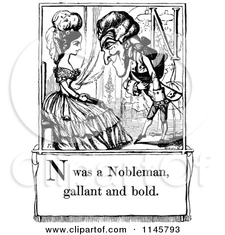 Clipart of a Retro Vintage Black and White Letter Page with N Was a Nobleman Gallant and Bold Text - Royalty Free Vector Illustration by Prawny Vintage