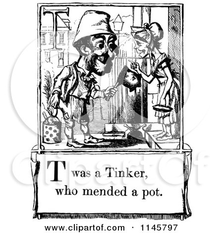 Clipart of a Retro Vintage Black and White Letter Page with T Was a Tinker Who Mended a Potl Text - Royalty Free Vector Illustration by Prawny Vintage