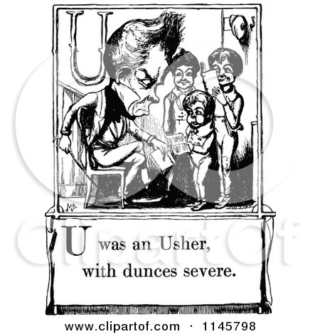 Clipart of a Retro Vintage Black and White Letter Page with U Was an Usher with Dunces Severe Text - Royalty Free Vector Illustration by Prawny Vintage