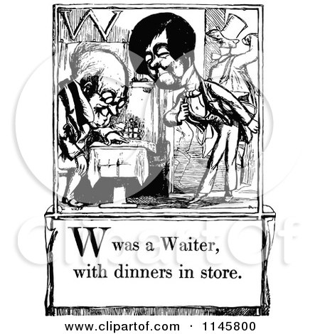 Clipart of a Retro Vintage Black and White Letter Page with W Was a Waiter with Dinners in Store Text - Royalty Free Vector Illustration by Prawny Vintage