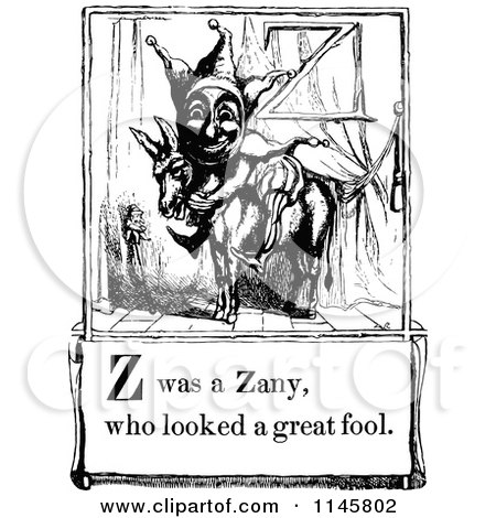 Clipart of a Retro Vintage Black and White Letter Page with Z Was a Zany Who Looked a Great Fool Text - Royalty Free Vector Illustration by Prawny Vintage