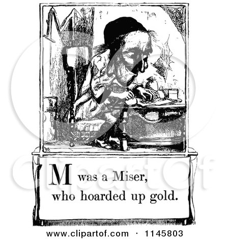 Clipart of a Retro Vintage Black and White Letter Page with M Was a Miser Who Hoarded up Gold Text - Royalty Free Vector Illustration by Prawny Vintage