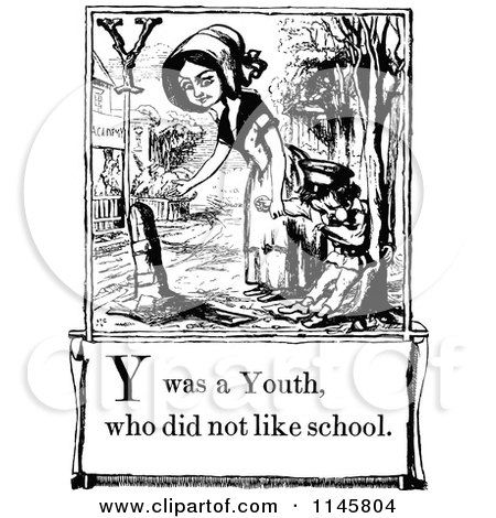 Clipart of a Retro Vintage Black and White Letter Page with Y Was a Youth Who Did Not like School Text - Royalty Free Vector Illustration by Prawny Vintage