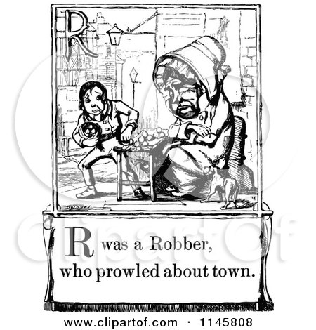 Clipart of a Retro Vintage Black and White Letter Page with R Was a Robber Who Prowled About Town Text - Royalty Free Vector Illustration by Prawny Vintage