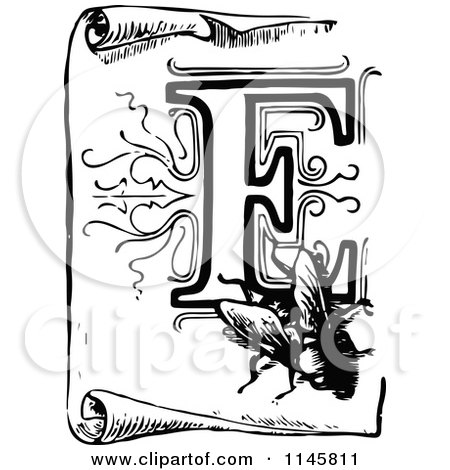 Clipart of a Retro Vintage Black and White Letter F and Fly on a Scroll - Royalty Free Vector Illustration by Prawny Vintage
