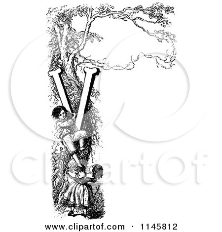 Clipart of Retro Vintage Black and White Children Climbing a Letter V Vine | Royalty Free Vector Illustration by Prawny Vintage