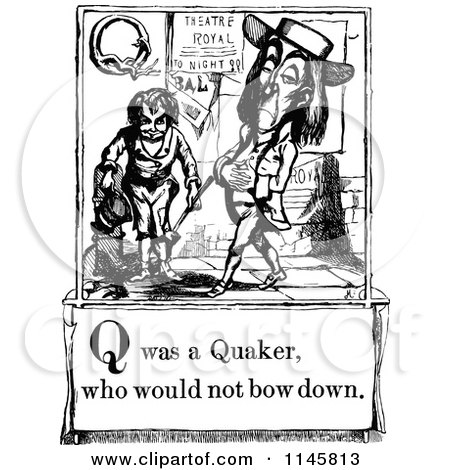 Clipart of a Retro Vintage Black and White Letter Page with Q Was a Quaker Who Would Not Bow down Text - Royalty Free Vector Illustration by Prawny Vintage