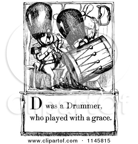 Clipart of a Retro Vintage Black and White Letter Page with D Was a Drummer Who Played with a Grace Text - Royalty Free Vector Illustration by Prawny Vintage
