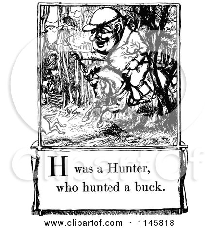 Clipart of a Retro Vintage Black and White Letter Page with H Was a Hunter Who Hunted a Buck Text - Royalty Free Vector Illustration by Prawny Vintage