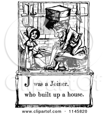 Clipart of a Retro Vintage Black and White Letter Page with J Was a Joiner Who Built up a House Text - Royalty Free Vector Illustration by Prawny Vintage
