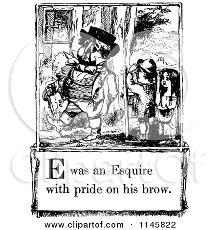 Clipart of a Retro Vintage Black and White Letter Page with E Was an Esquire with Bride on His Brow Text - Royalty Free Vector Illustration by Prawny Vintage