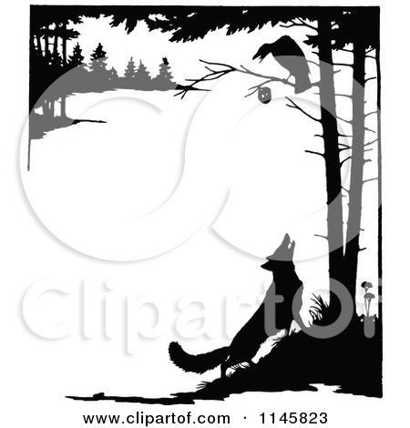 Clipart of a Retro Vintage Silhouetted Fox Looking up at a Crow in a Tree - Royalty Free Vector Illustration by Prawny Vintage
