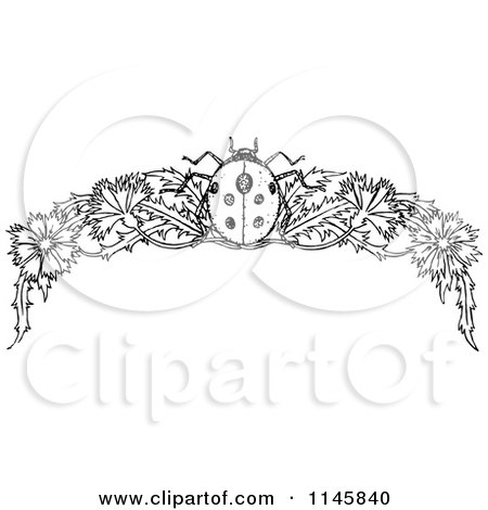 Clipart of a Retro Vintage Black and White Ladybug and Floral Page Border - Royalty Free Vector Illustration by Prawny Vintage