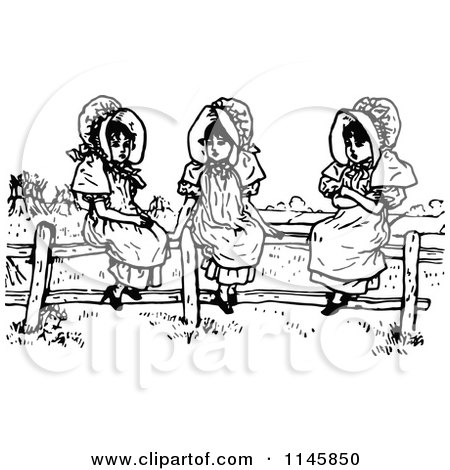 Clipart of Retro Vintage Black and White Girls Sitting on a Fence - Royalty Free Vector Illustration by Prawny Vintage