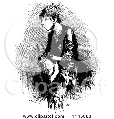 Clipart of a Retro Vintage Black and White Poor Boy - Royalty Free Vector Illustration by Prawny Vintage