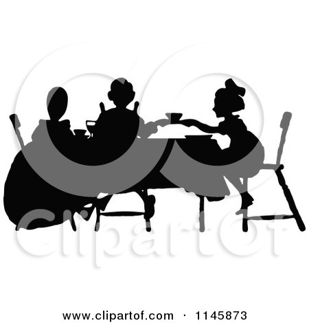 Clipart of a Retro Vintage Silhouetted Tea Party with Girls - Royalty Free Vector Illustration by Prawny Vintage