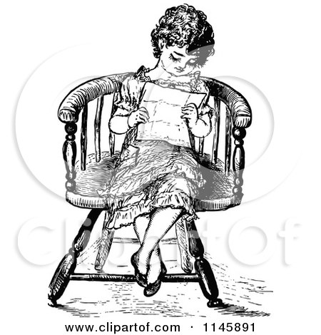 Clipart of a Retro Vintage Black and White Girl Reading a Letter - Royalty Free Vector Illustration by Prawny Vintage
