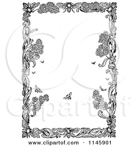Clipart of a Retro Vintage Black and White Border of Bees and Leaves - Royalty Free Vector Illustration by Prawny Vintage