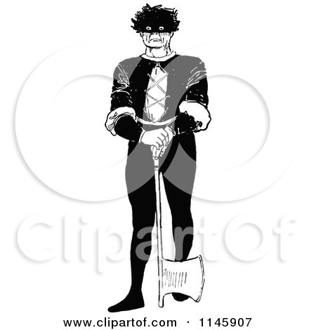Clipart of a Retro Vintage Black and White Executioner with an Axe - Royalty Free Vector Illustration by Prawny Vintage