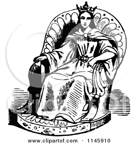Clipart of a Retro Vintage Black and White Princess in a Chair - Royalty Free Vector Illustration by Prawny Vintage