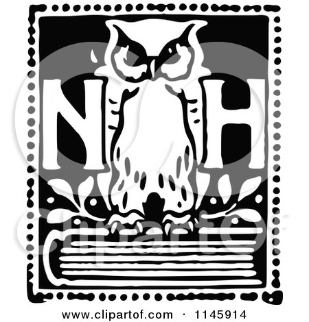 Clipart of a Retro Vintage Black and White NH Owl on a Book - Royalty Free Vector Illustration by Prawny Vintage