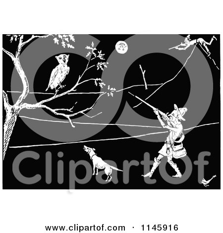 Clipart of a Retro Vintage Black and White Man Shooting an Owl - Royalty Free Vector Illustration by Prawny Vintage
