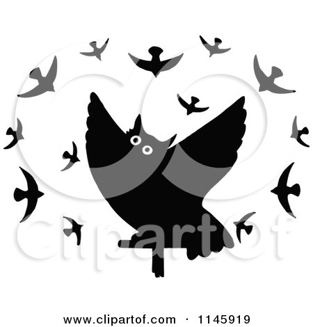 Clipart of a Black and White Owl Surrounded by Birds - Royalty Free Vector Illustration by Prawny Vintage