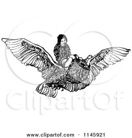 Clipart of a Retro Vintage Black and White Boy Flying on an Owl - Royalty Free Vector Illustration by Prawny Vintage